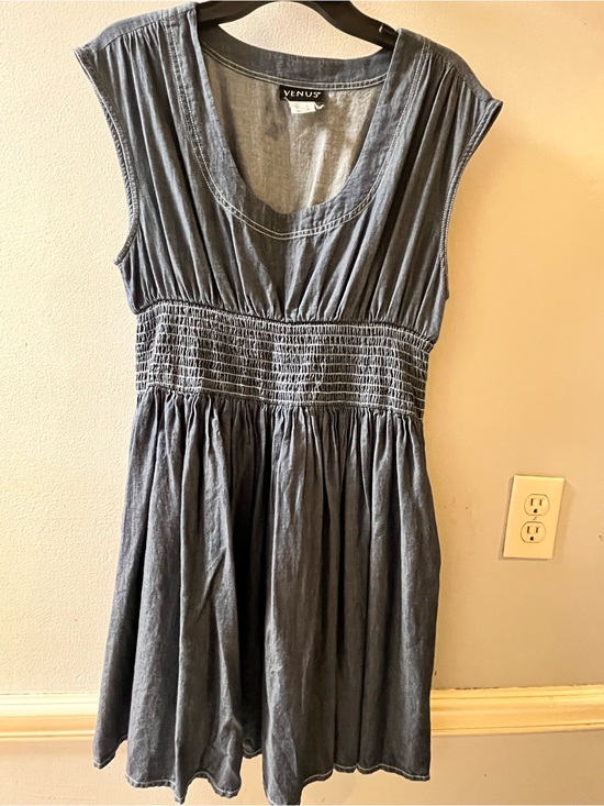 VENUS Dresses & Skirts - VENUS Slate Gray Denim Look Sleeveless Smocked-Waist Mini Dress